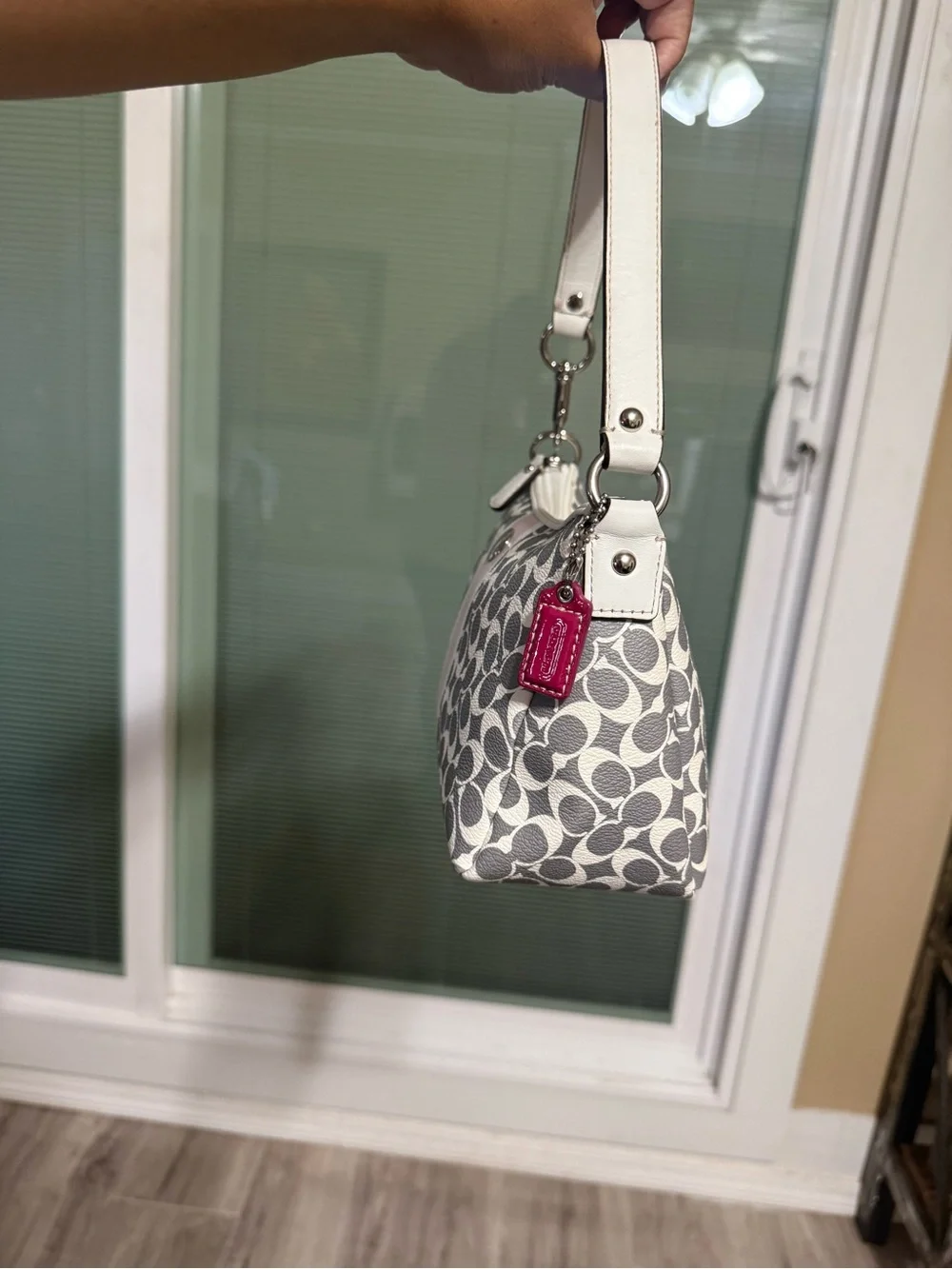 Coach Signature Canvas Small Shoulder Bag in Light Pink and Gray